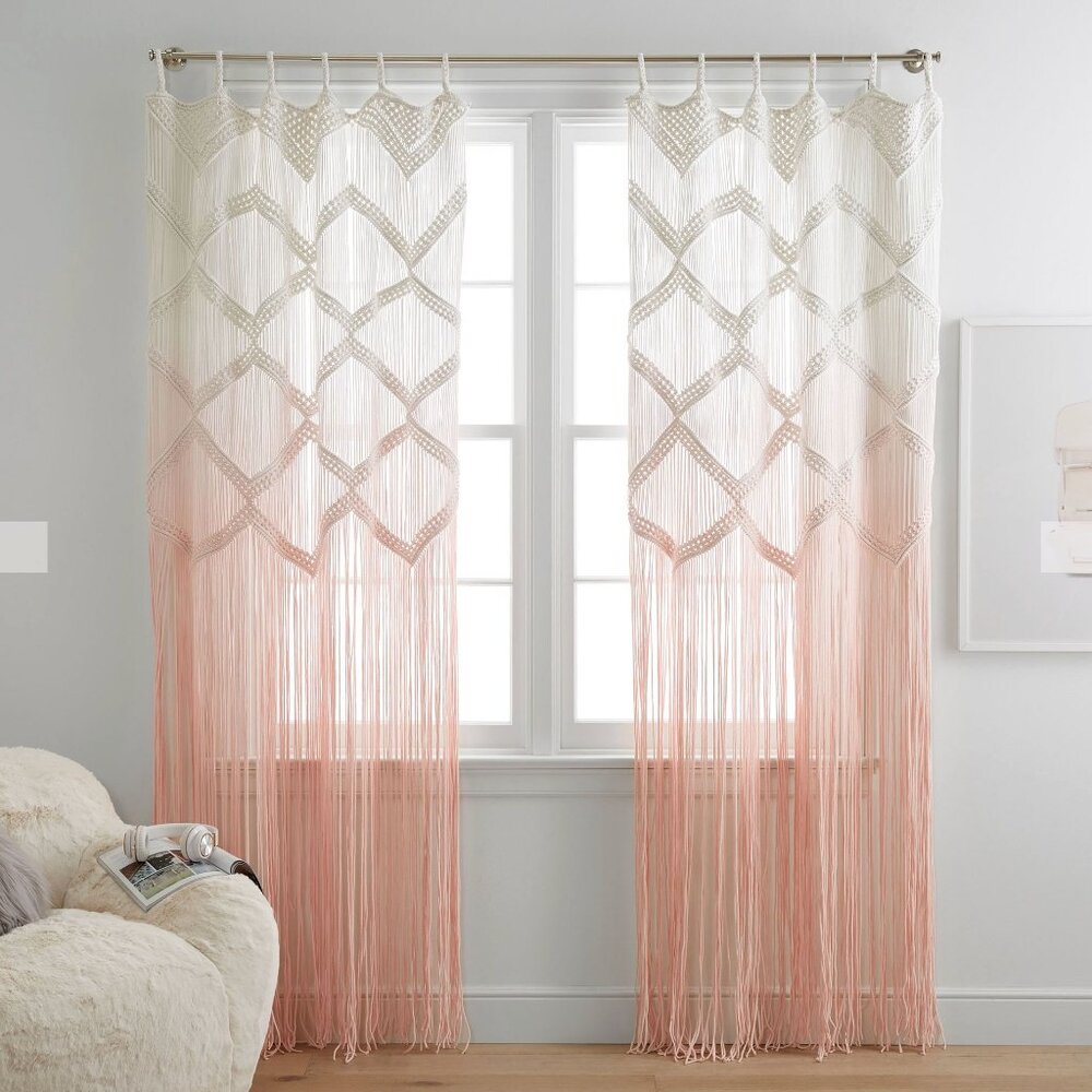 PB Teen Ombre Boho Macrame Curtain Panel 96" Blush Fringe - 2 available